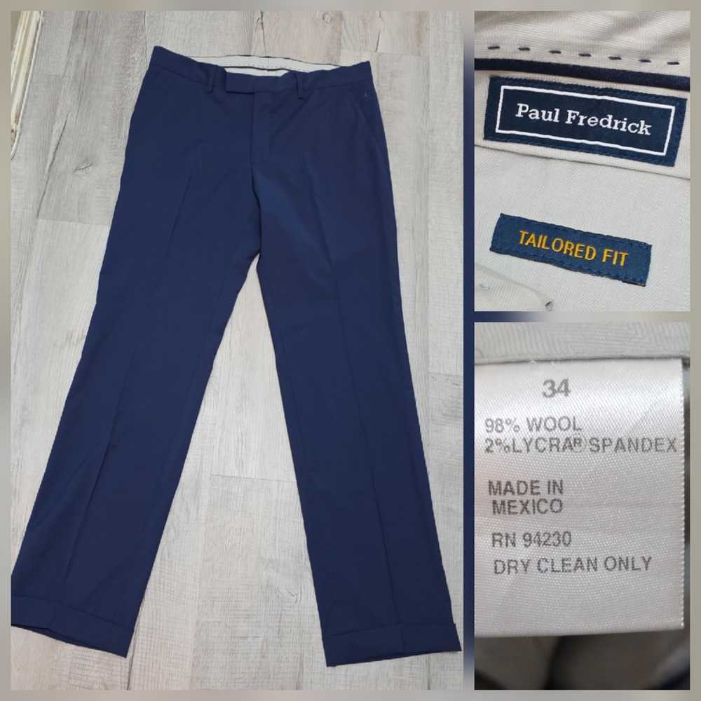 Paul‎ Fredrick Men's 34X32 Navy Blue Wool Blend Tailored Fit Cuffed Dress Pants